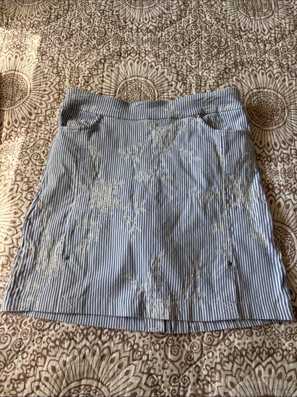 Blue Striped Floral Embroidered Mini Skirt
